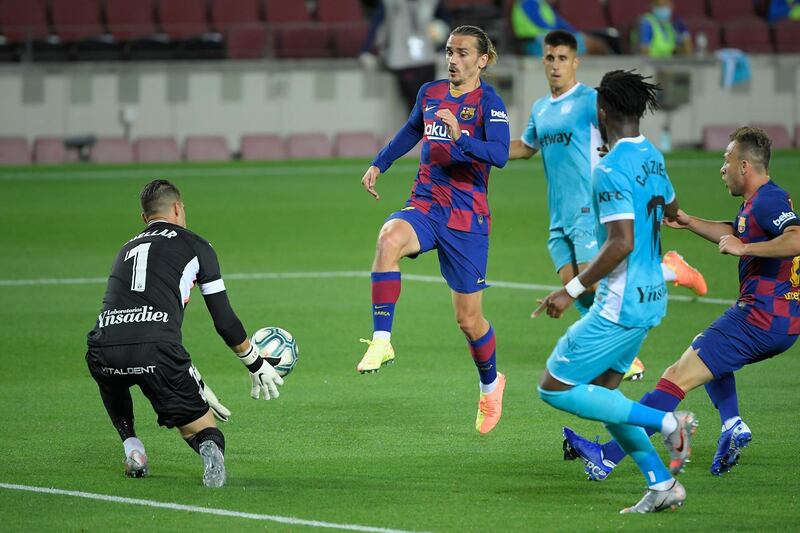 Barcelona's Antoine Griezmann is denied by Leganes goalkeeper Ivan Cuellar. AFP