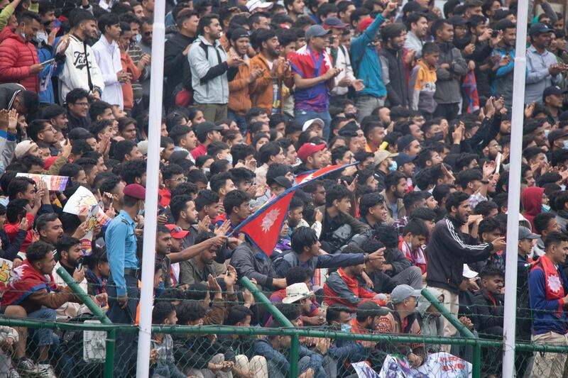 Nepal supporters at Tribhuvan University International Cricket Ground in Kathmandu for the ACC Premier Cup final.