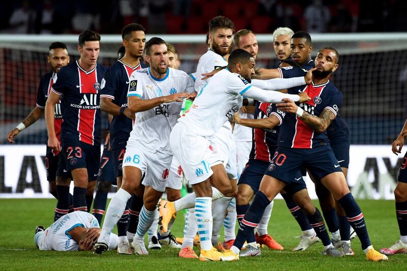 Tempers flare during the Ligue 1 match between Paris Saint-Germain and Marseille  at Parc des Princes on Sunday, September 13. Brazilian attacker Neymar was one of five players sent off after the injury-time brawl in a match won 1-0 by Marseille. EPA