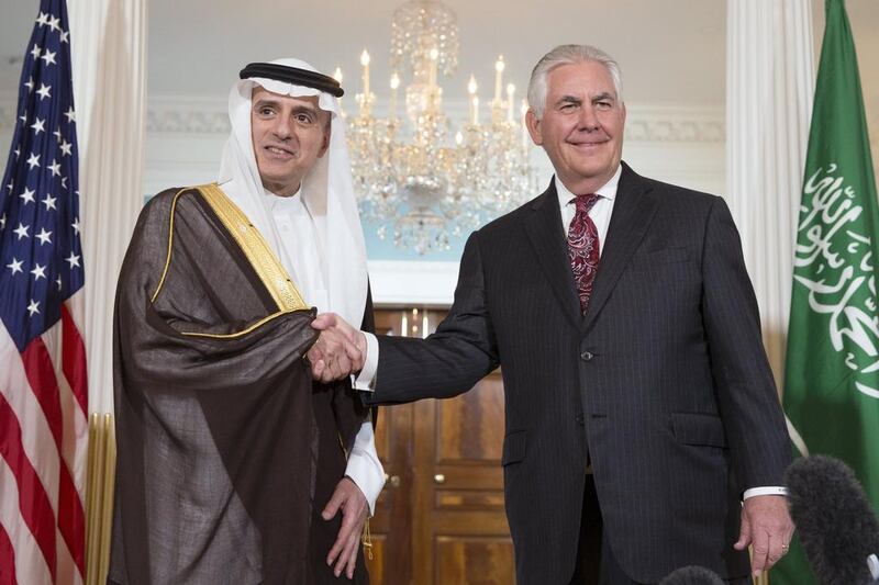 Saudi foreign minister Adel Al Jubeir with US secretary of state Rex Tillerson in Washington on May 2, 2017. Michael Reynolds / EPA