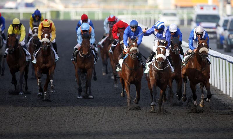 March 30, 2013 (Dubai) Jockeys race during the Godolphin Mile at the Dubai World Cup March 30, 2013. (Sammy Dallal / The National)