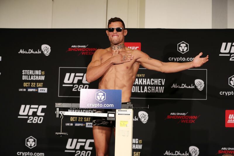 Caio Borralho weighs in before his fight at UFC 280 against Makhmud Muradov. Chris Whiteoak / The National