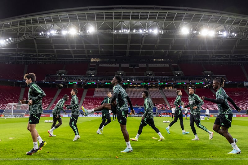 Real Madrid players take part in a training session in Leipzig. EPA