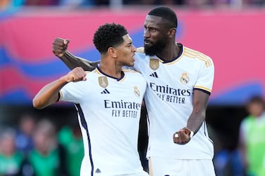 Real Madrid's midfielder Jude Bellingham (L) jubilates with his teammate Antonio Rudiger after scoring the 1-1 goal during the Spanish LaLiga soccer match between FC Barcelona and Real Madrid, in Barcelona, Catalonia, Spain, 28 October 2023.   EPA / SIU WU