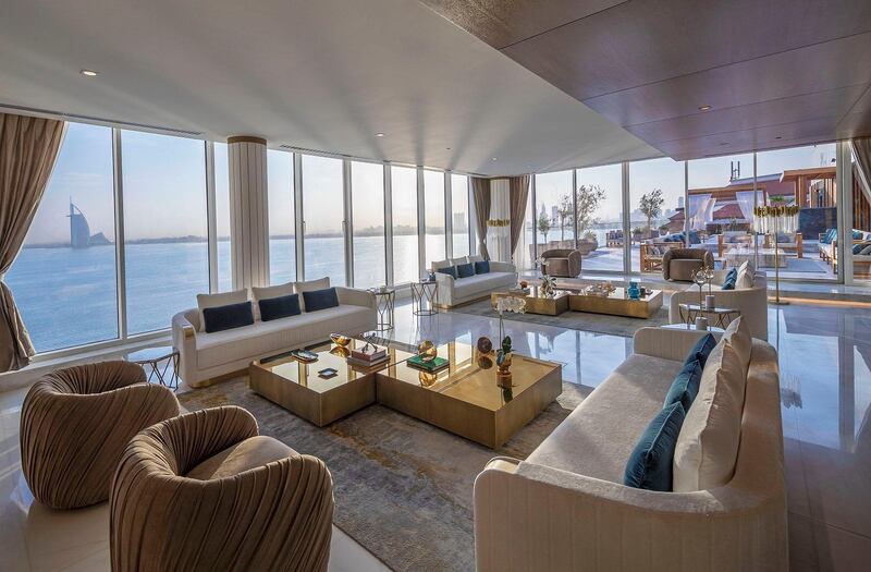 Living room of the presidential penthouse at Serenia Residences at the crescent of The Palm Jumeirah. Courtesy Palma Holding