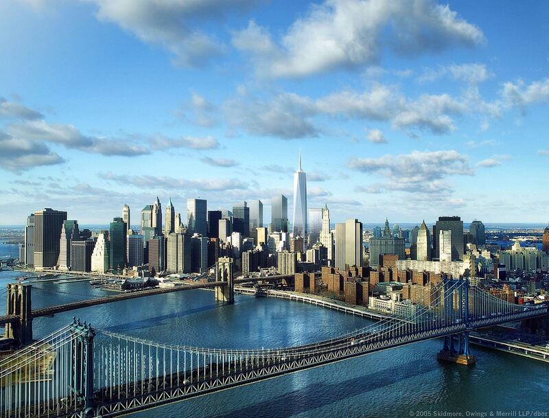 UNDATED:  This computer generated rendering released by the Lower Manhattan Development Corporation on June 29, 2005 shows the redesigned Freedom Tower by architect Skidmore, Owings & Merrill LLP as seen from the east. A new design for New York City's Freedom Tower the centerpiece of a $12 billion rebuilding effort was made public after city officials voiced concerns of the security of the previous plans. (Illustration provided by Skidmore, Owings & Merrill LLP via Getty Images)