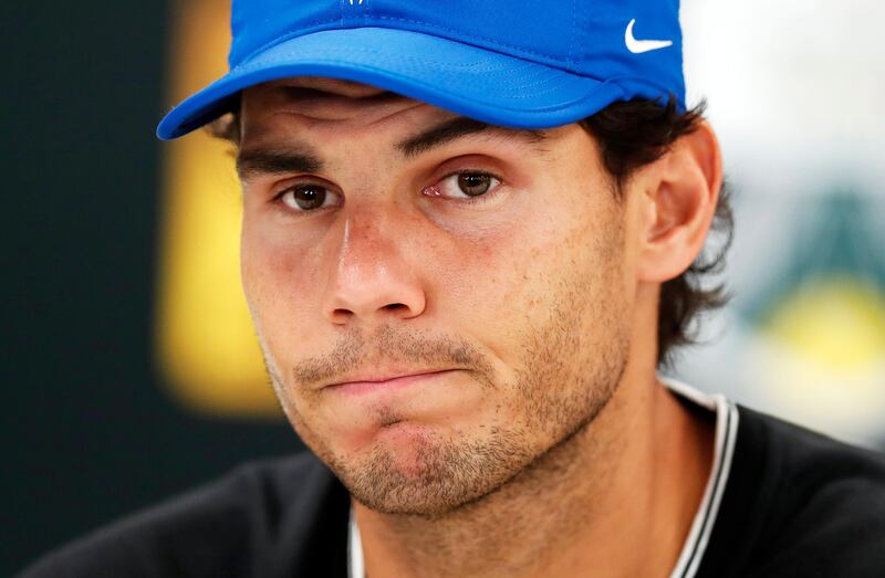 epa06306099 Spain's Rafael Nadal speaks to media retires from the tournament with injury at the Rolex Paris Masters tennis tournament in Paris, France, 03 November 2017.  EPA/IAN LANGSDON