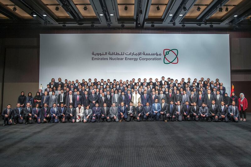 SEOUL, REPUBLIC OF KOREA (SOUTH KOREA) - February 27, 2014: HH Sheikh Hamed bin Zayed Al Nahyan Chairman of Crown Prince Court - Abu Dhabi and Executive Council Member (C) stands for a group photograph with UAE Nuclear Engineering students employed by Emirates Nuclear Energy Corporation (ENEC), currently studying in Korea. Seen with HH Sheikh Hamed bin Zayed Al Nahyan Chairman of Crown Prince Court - Abu Dhabi and Executive Council Member, HE Abdullah Khalfan Al Romaithi UAE Ambassador to Korea, HE Suhail bin Mohamed Faraj Faris Al Mazrouei UAE Minister of Energy, HH Sheikh Sultan bin Hamdan bin Zayed Al Nahyan, and HE Mohamed Al Hammadi CEO Emirates Nuclear Energy Corporation (ENEC). ( Mohamed Al Hammadi / Crown Prince Court - Abu Dhabi )
---
