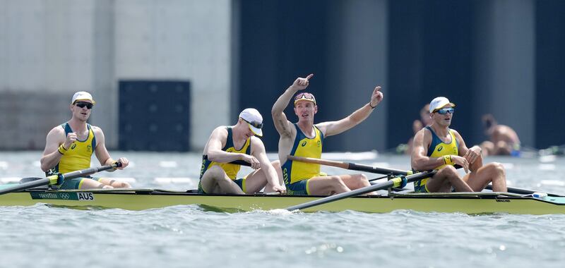 Alexander Purnell, Spencer Turrin, Jack Hargreaves and Alexander Hill of Australia celebrate after winning the Men's Four.