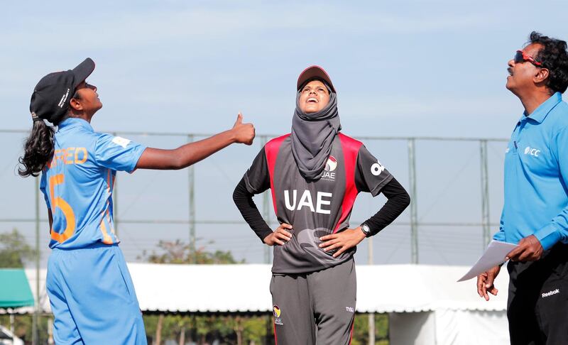 Humaira Tasneem, the UAE captain, centre, with her Malaysian counterpart before their World Twenty20 Asian Qualifier in Thailand. The UAE won the match by 34 runs and are guaranteed to progress to the next phase of qualifying in the Netherlands in June 2018. Courtesy ICC