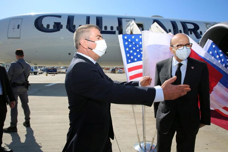 Bahrain's Foreign Minister Abdullatif bin Rashid Al Zayani landed in Israel, together with WhiteHouse
special rep, on board the first  commercial flight between Bahrain & Israel. courtesy: Israel Foreign Ministry twitter