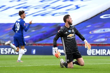 LONDON, ENGLAND - JULY 19: David De Gea of Manchester United fails to save the goal from Mason Mount of Chelsea as he celebrates after scoring his teams second goal during the FA Cup Semi Final match between Manchester United and Chelsea at Wembley Stadium on July 19, 2020 in London, England. Football Stadiums around Europe remain empty due to the Coronavirus Pandemic as Government social distancing laws prohibit fans inside venues resulting in all fixtures being played behind closed doors. (Photo by Andy Rain/Pool via Getty Images)