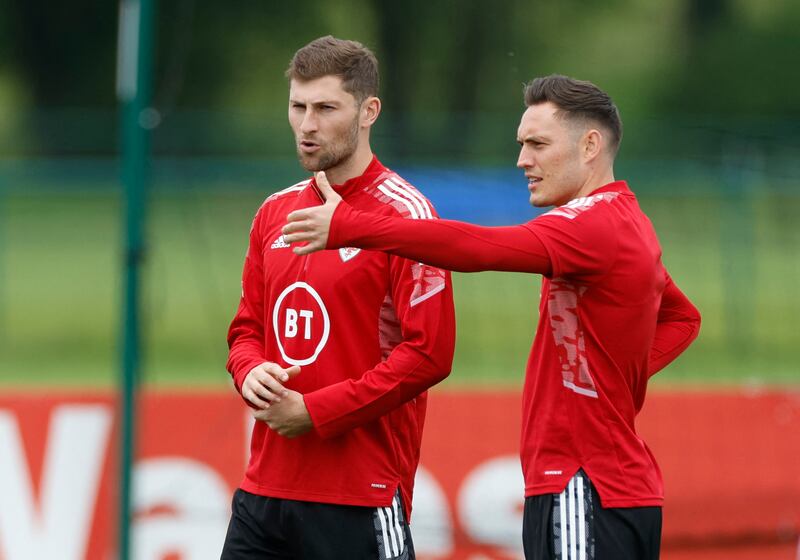 Ben Davies and Connor Roberts during Wales' training. Reuters