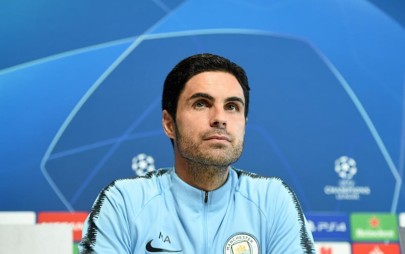Manchester City's Spanish assistant coach Mikel Arteta attends a press conference at City Football Academy in Manchester, north west England on September 18, 2018, on the eve of the UEFA Champions League first round football match between Manchester City and Lyon. / AFP / Oli SCARFF                          
