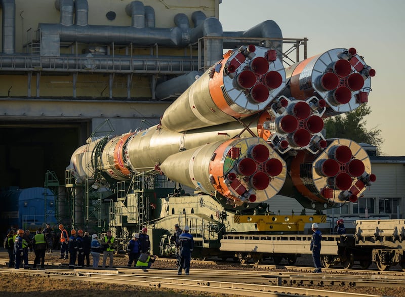 The Soyuz rocket being rolled out to the launch pad in Kazakhstan on September 12, 2023. Photo: Nasa / AFP 