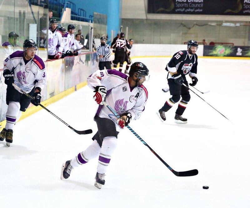 Al Ain Theebs, pictured against Abu Dhabi Scorpions, maintained their unbeaten start to the season with a win against Dubai Mighty Camels. Courtesy Emirates Hockey League