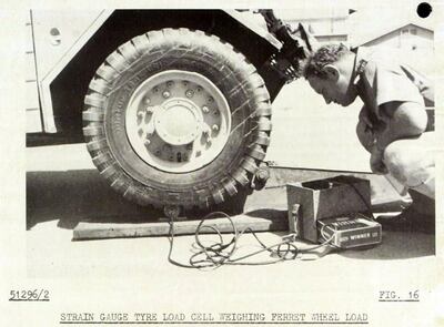 Engineers test tyres during desert trials in 1950s Abu Dhabi. Courtesy Arabian Gulf Digital Archive