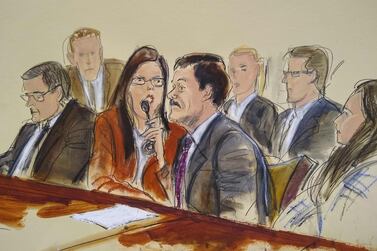 This courtroom sketch shows Joaquin Guzman "El Chapo," second from right, as he listens to an interpreter in federal court.AP