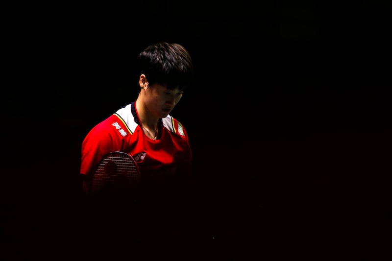 China's Chen Yu Fei reacts after missing a point against Japan's Akane Yamaguchi during their women's singles semi-finals match at the HSBC BWF World Tour Finals 2022 in Bangkok, Thailand. EPA
