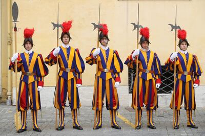 VATICAN CITY, VATICAN - APRIL 04:  Members of the Swiss Guards patrol before Pope Francis meets Prince Charles, Prince of Wales and Camilla, Duchess of Cornwall on April 4, 2017 in Vatican City, Vatican.  (Photo by Chris Jackson/Getty Images)