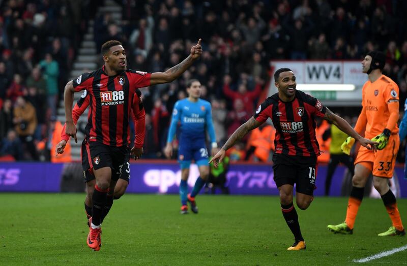 BOURNEMOUTH, ENGLAND - JANUARY 14:  Jordon Ibe of AFC Bournemouth (left) celebrates with team mate Callum Wilson after scoring the second AFC Bournemouth goal during the Premier League match between AFC Bournemouth and Arsenal at Vitality Stadium on January 14, 2018 in Bournemouth, England.  (Photo by Mike Hewitt/Getty Images)