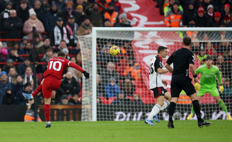 Alexis Mac Allister blasts home Liverpool's second goal. Reuters