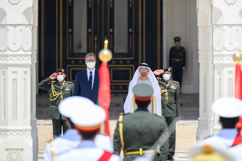 Mr Vucic was accorded an official reception on his arrival at Qasr Al Watan. 