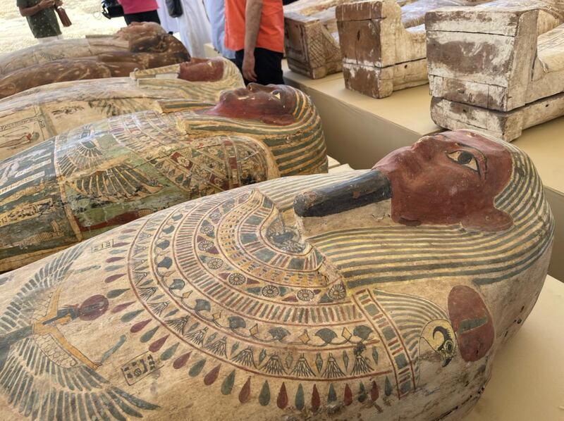 Some of the discoveries, including 35 painted wooden sarcophagi, put on display at the Unesco heritage site south of Cairo. Mahmoud Nasr / The National