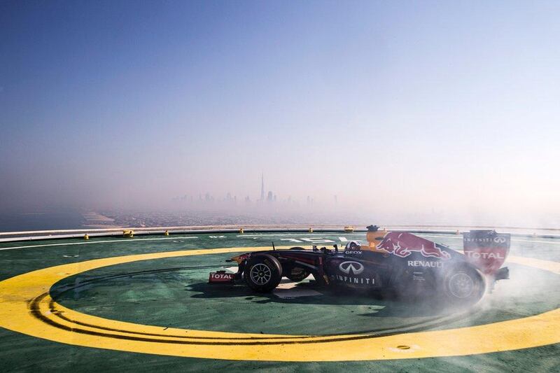 David Coulthard's stunt performance in a Red Bull Racing Formula One car on the helipad of the Burj Al Arab hotel in Dubai. Samo Vidic/ Red Bull Content Pool