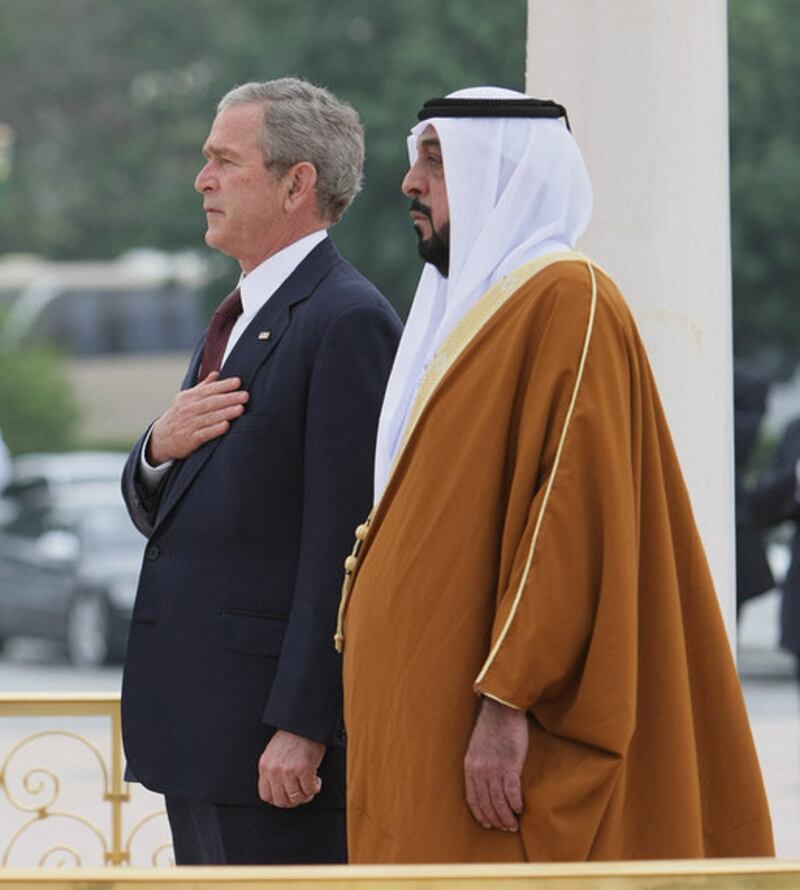 President Sheikh Khalifa and then-US president George W Bush at Al Mushref Palace in Abu Dhabi. Photo: National Archives