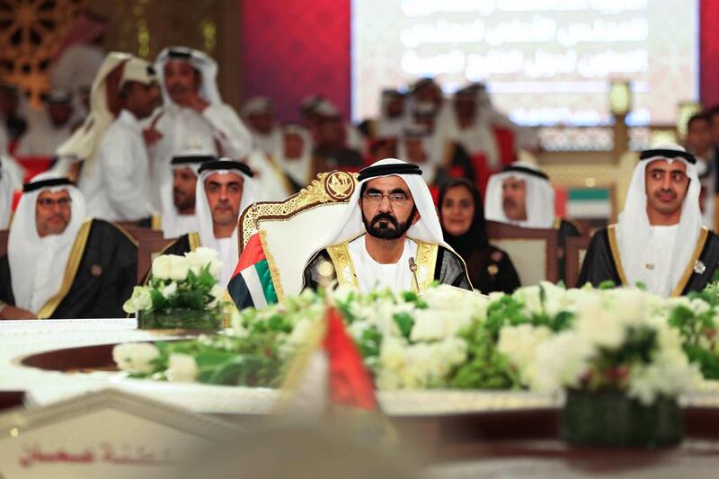 Sheikh Mohammed bin Rashid, Vice President and Prime Minister of the UAE and Ruler of Dubai, centre, attends the GCC Summit in Doha with, from left to right, Dr Anwar Gargash, UAE Minister of State for Foreign Affairs, Sheikh Saif bin Zayed, Deputy Prime Minister, Sheikha Lubna Al Qasimi, UAE Minister of Development and International Cooperation and Minister of Interior and Sheikh Abdullah bin Zayed, Minister of Foreign Affairs. WAM