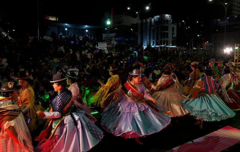 Contestants at the Miss Cholita Pacena beauty pageant for Aymara indigenous women, in La Paz, Bolivia. AP
