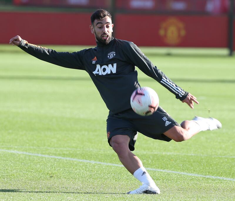 MANCHESTER, ENGLAND - NOVEMBER 19: (EXCLUSIVE COVERAGE) Bruno Fernandes of Manchester United in action during a first team training session at Aon Training Complex on November 19, 2020 in Manchester, England. (Photo by Matthew Peters/Manchester United via Getty Images)