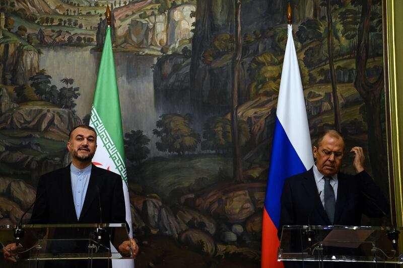 Russian Foreign Minister Sergei Lavrov, right, and Iranian Foreign Minister Hossein Amirabdollahian attend a joint news conference following their talks in Moscow last week. EPA