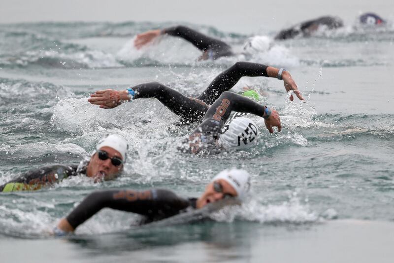 Competitors in the 25km open water swimming event during the LEN European Aquatics Championships at Lupa Lake in Budakalasz in Hungary on Sunday, May 16. AFP