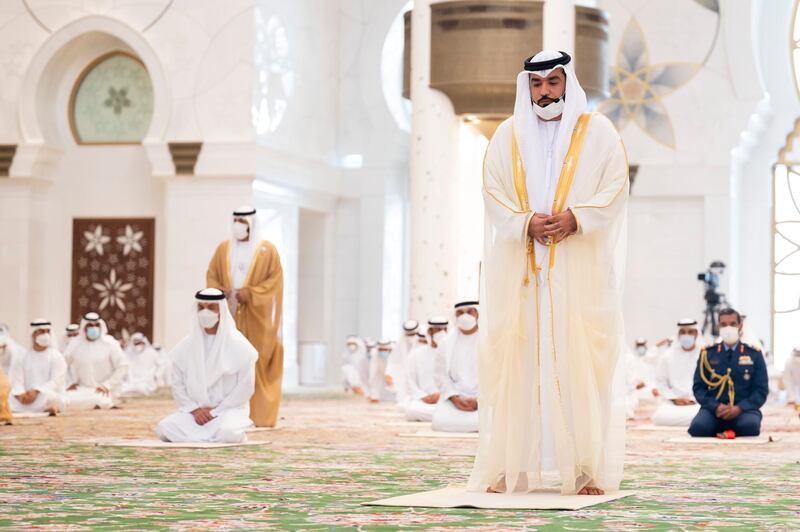 ABU DHABI, UNITED ARAB EMIRATES - May 13, 2021: The Imam leads Eid Al Fitr prayers, at Sheikh Zayed Grand Mosque.

( Rashed Al Mansoori / Ministry of Presidential Affairs )
---