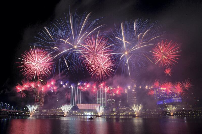 RESIZED. Abu Dhabi, United Arab Emirates, January 1, 2016:    New Year fireworks above the skyline of Al Maryah Island in Abu Dhabi on January 1, 2016. Christopher Pike / The National

Job ID: 24355
Reporter:  N/A
Section: News
Keywords:  *** Local Caption ***  CP0101-na-Al Maryah NYE-18.JPG