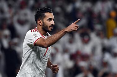 epa07319217 Ali Mabkhout of UAE celebrates 1-0 goal during the 2019 AFC Asian Cup quarter final match between Australia and UAE in Al Ain, United Arab Emirates, 25 January 2019. EPA/MAHMOUD KHALED