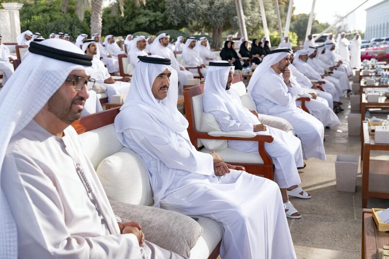 ABU DHABI, UNITED ARAB EMIRATES - March 16, 2020: (L-R) HE Dr Sultan Ahmed Al Jaber, UAE Minister of State, Chairman of Masdar and CEO of ADNOC Group, HE Ahmed Juma Al Zaabi, UAE Deputy Minister of Presidential Affairs and other guests, attend a Sea Palace barza which focused on the UAE’s Covid19 response.

( Mohamed Al Hammadi / Ministry of Presidential Affairs )
---