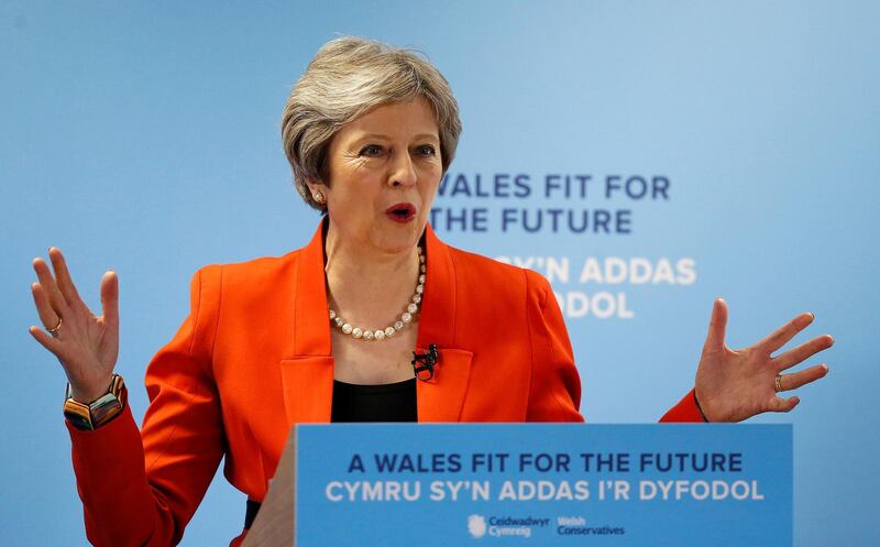 LLANELLI, WALES - MAY 18: UK Prime Minister Theresa May speaks at the Welsh Conservative party conference at Ffos Las Racecourse on May 18 in Kidwelly, Llanelli, Wales. (Photo by Andrew Yates - WPA Pool/Getty Images)