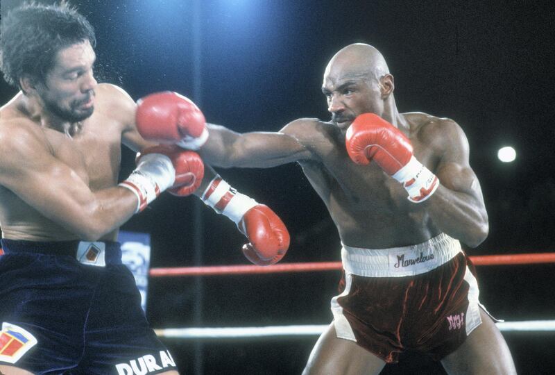 LAS VEGAS, NV - NOVEMBER 10: Roberto Duran and Marvin Hagler fights for the WBA, WBC and IBF Middleweight titles on November 10, 1983 at Caesars Palace in Las Vegas, Nevada. Hagler won the fight in 15 rounds on a unanimous decision. (Photo by Focus on Sport/Getty Images)