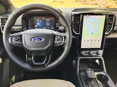 The car has a dedicated off-road screen with a 360-degree camera and information about pitch and roll. Photo: Gautam Sharma