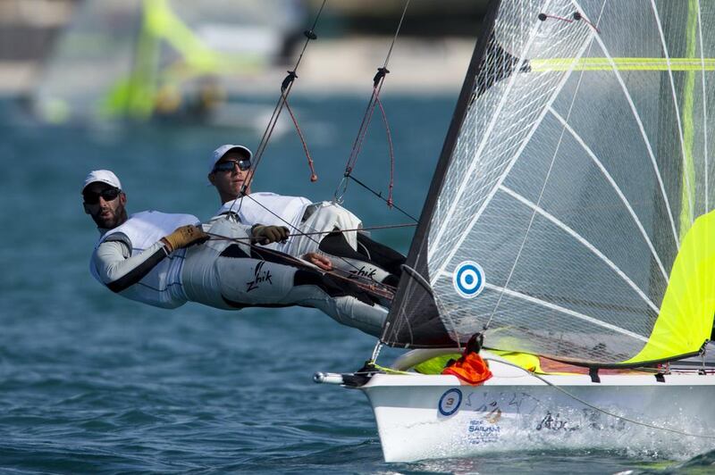 Manu Dyen and Stephane Christidis of France race men’s skiff 49er fleet race during the ISAF Sailing World Cup Finals at the Breakwater in Abu Dhabi on November 27, 2014. Christopher Pike / The National