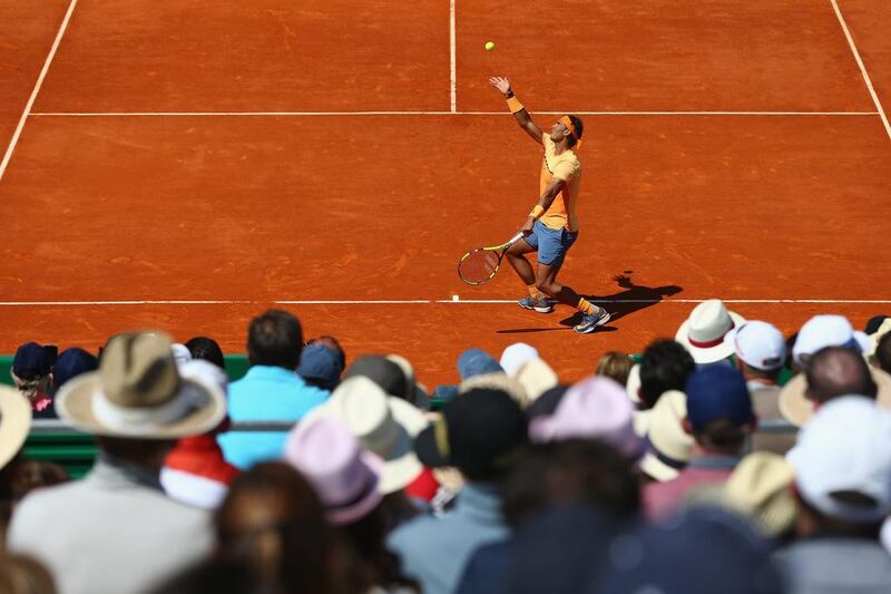Rafael Nadal of Spain serves during his semi-final match against Andy Murray of Great Britain during the Monte Carlo Masters at Monte-Carlo Sporting Club on April 16, 2016 in Monte-Carlo, Monaco. (Photo by Michael Steele/Getty Images)