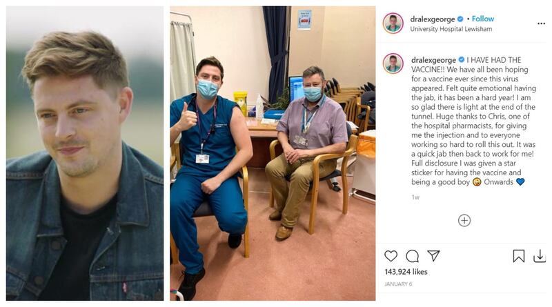 Frontline worker and former ‘Love Island’ contestant Dr Alex George received the vaccine on January 6. He took to Instagram to say 'I am so glad there is light at the end of the tunnel.' Shutterstock, Instagram
