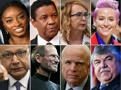 From left, Simone Biles, Denzel Washington, Gabby Giffords, Megan Rapinoe, Khizr Khan, Steve Jobs, John McCain and Richard Trumka. AFP