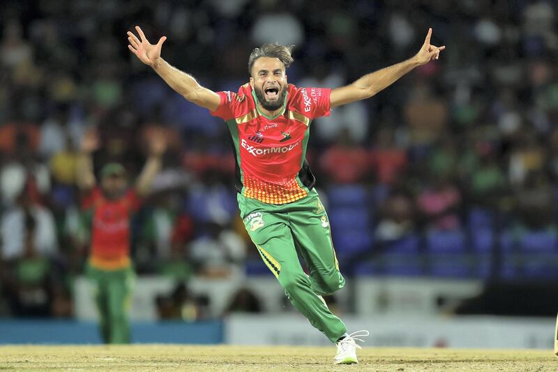 BASSETERRE, ST KITTS, SAINT KITTS AND NEVIS - SEPTEMBER 14: In this handout image provided by CPL T20, Imran Tahir of Guyana Amazon Warriors celebrates the wicket of Jason Mohammed of St Kitts and Nevis Patriots during the Hero Caribbean Premier League match between St Kitts Nevis Patriots and Guyana Amazon Warriors at Warner Park Sporting Complex on September 14, 2019 in Basseterre, St Kitts, Saint Kitts and Nevis. (Photo by Ashley Allen - CPL T20/CPL T20 via Getty Images)