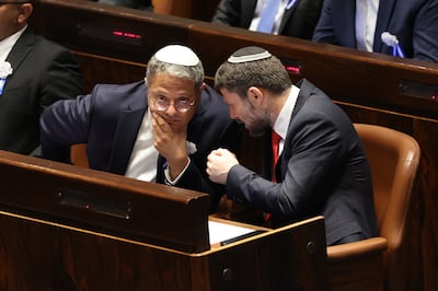 Itamar Ben Gvir and Bezalel Smotrich pictured in the Knesset. EPA
