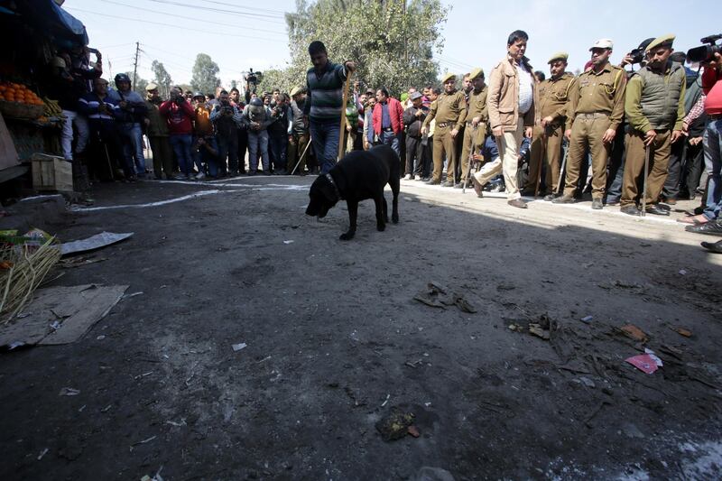 epa07419088 Jammu and Kashmir police officers inspect the grenade blast site with a sniffer dog, at a general bus stand in Jammu, the winter capital of Kashmir, India, 07 March 2019. According to the news reports, at least 18 people were injured when a grenade blast took place at a bus stand in Jammu. The  area was cordoned off by security personnel for assessment and search operations.  EPA/JAIPAL SINGH