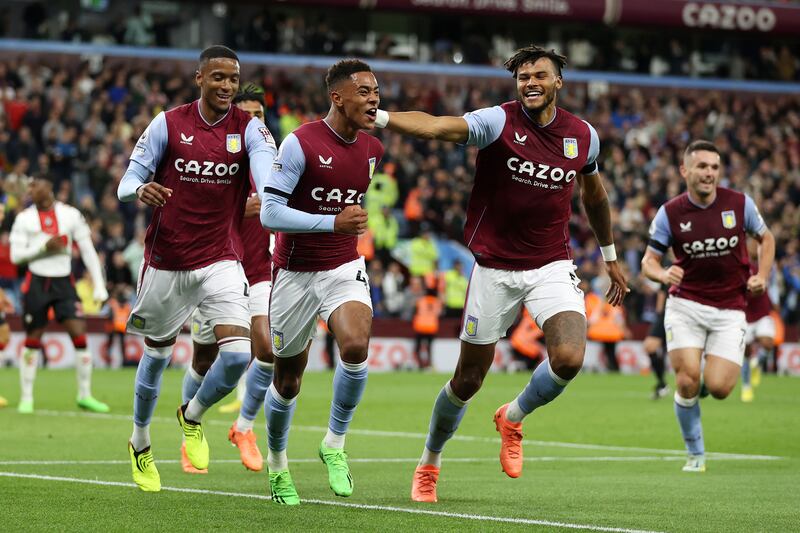 Jacob Ramsey of Aston Villa celebrates after scoring his side's first goal with Tyrone Mings and team-mates against Southampton at Villa Park on Friday, September 16, 2022. Getty